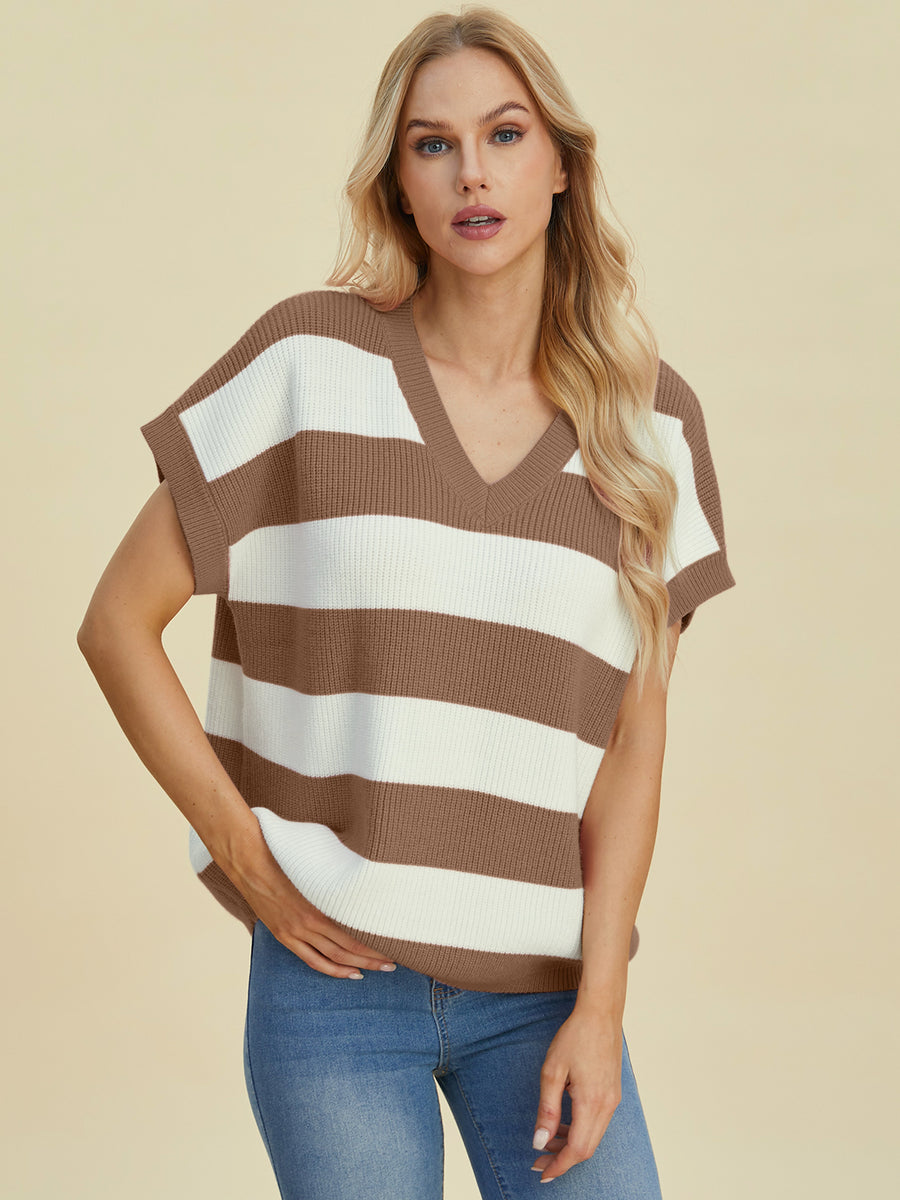 Camel and white striped knit cap-sleeve top with V-neck