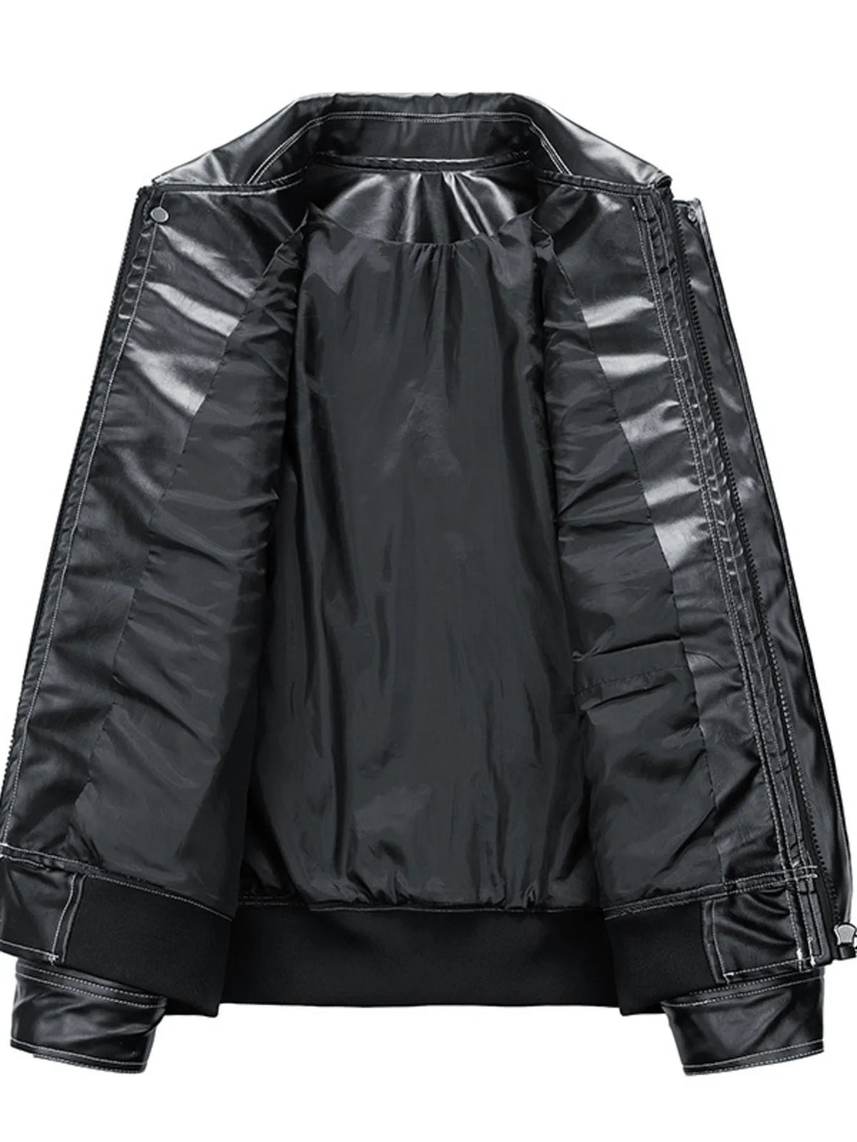 Black oversized zip up leather bomber jacket with a shiny lining and ribbed cuffs.