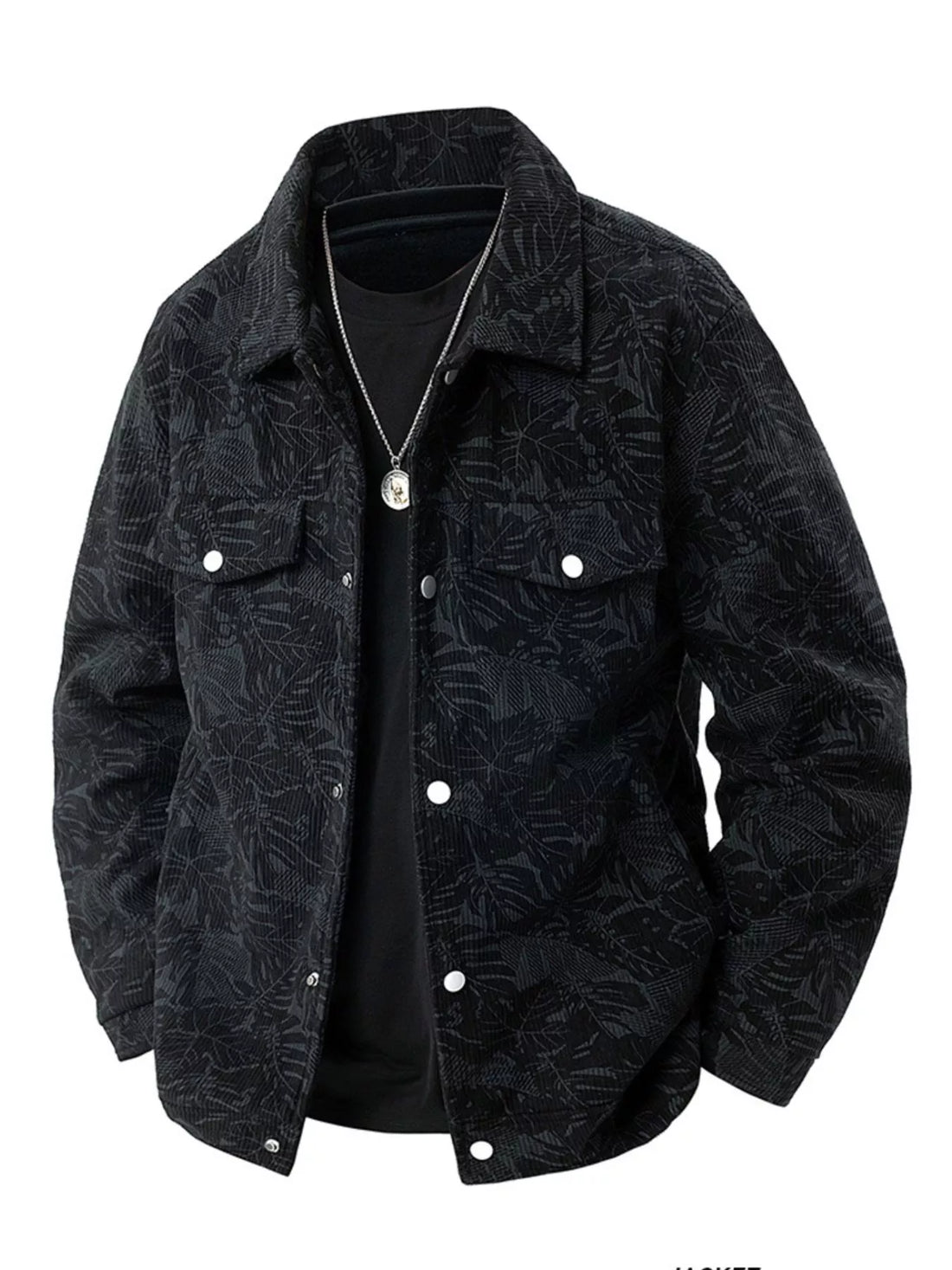 Black corduroy jacket with leaf pattern, button front, and chest pockets.