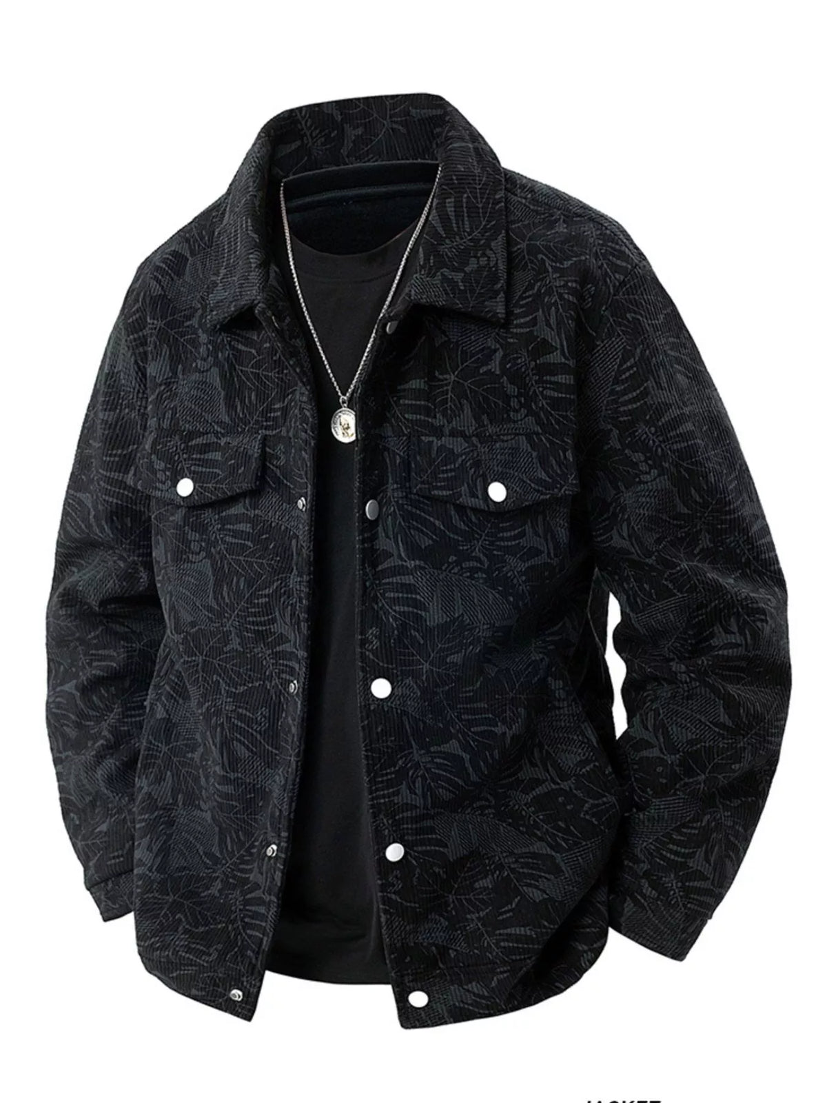 Black corduroy jacket with leaf pattern, button front, and chest pockets.