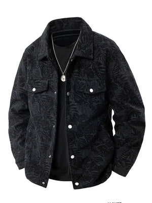 Black corduroy jacket with leaf pattern, button front, and chest pockets.