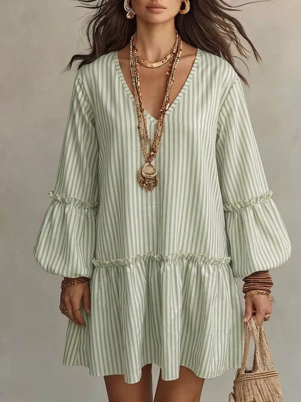 Khaki Striped Balloon Sleeve Mini Dress Plus Size