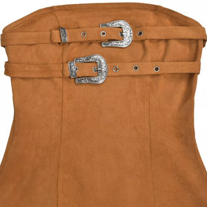 Caramel suede strapless dress with double buckle detail
