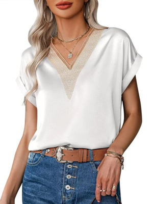 white blouse with lace and v-neck