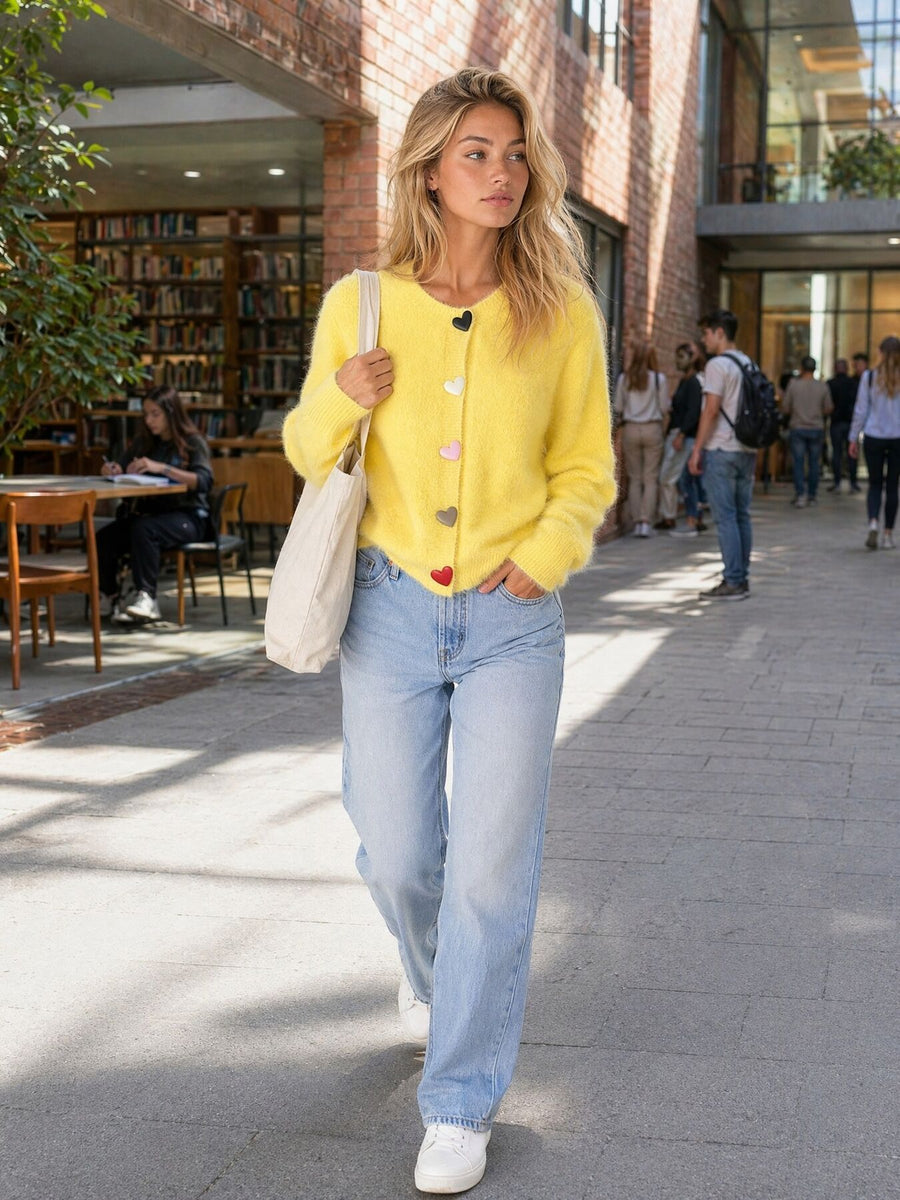 romantic cardigan in bright yellow with round neck