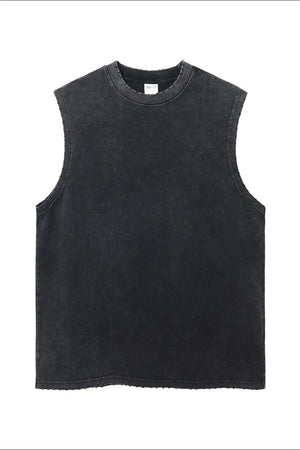 Acid wash muscle tank top in dark gray with raw hem and distressed neckline.