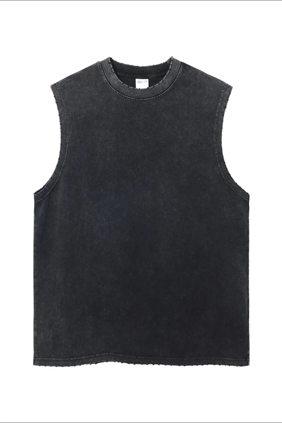 Acid wash muscle tank top in dark gray with raw hem and distressed neckline.