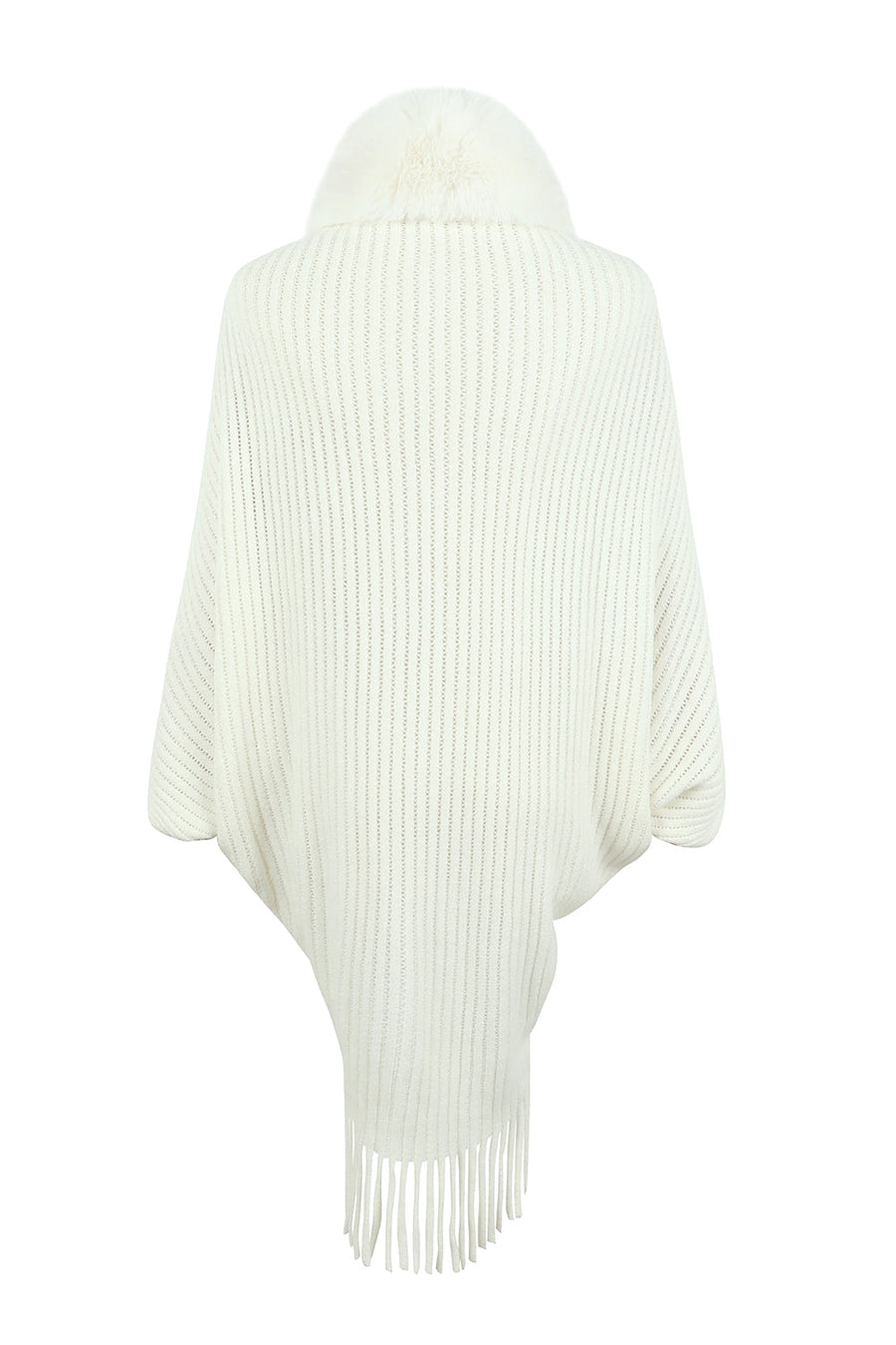 Ivory knit cape with faux fur collar and fringe detail