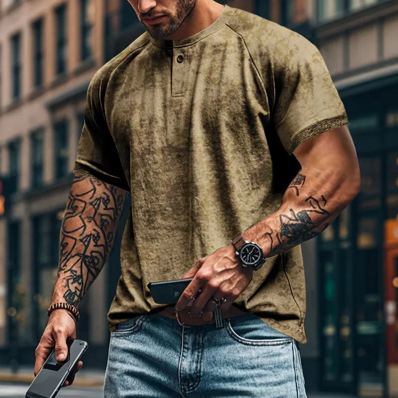 Textured Henley tee in Army Green with raglan sleeves and a two-button placket.