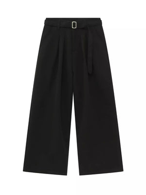 Black wide-leg pleated sweatpants with a belted waist and silver buckle.