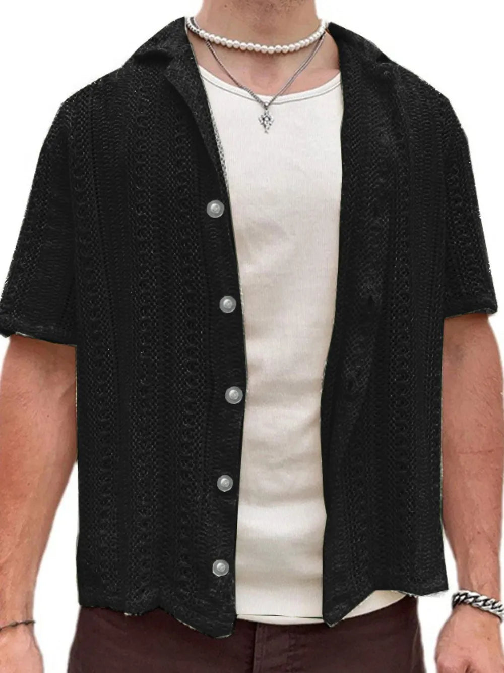 Black open-knit resort shirt with button-down front and short sleeves.