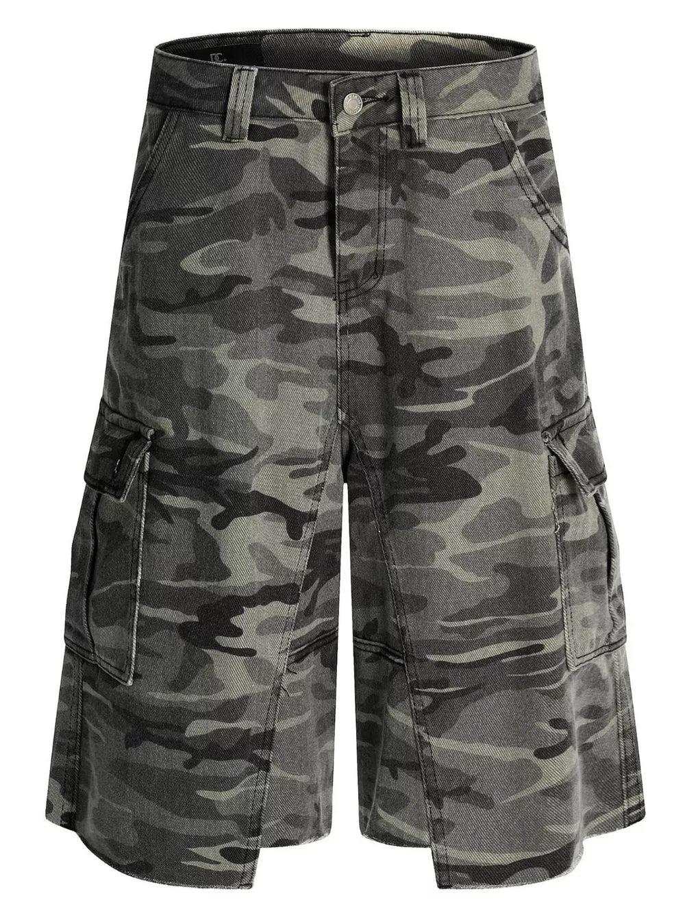 Camouflage cotton cargo capris with utility pockets and button fly.
