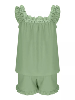 Light blue ruffled pajama set with square neckline and short shorts.