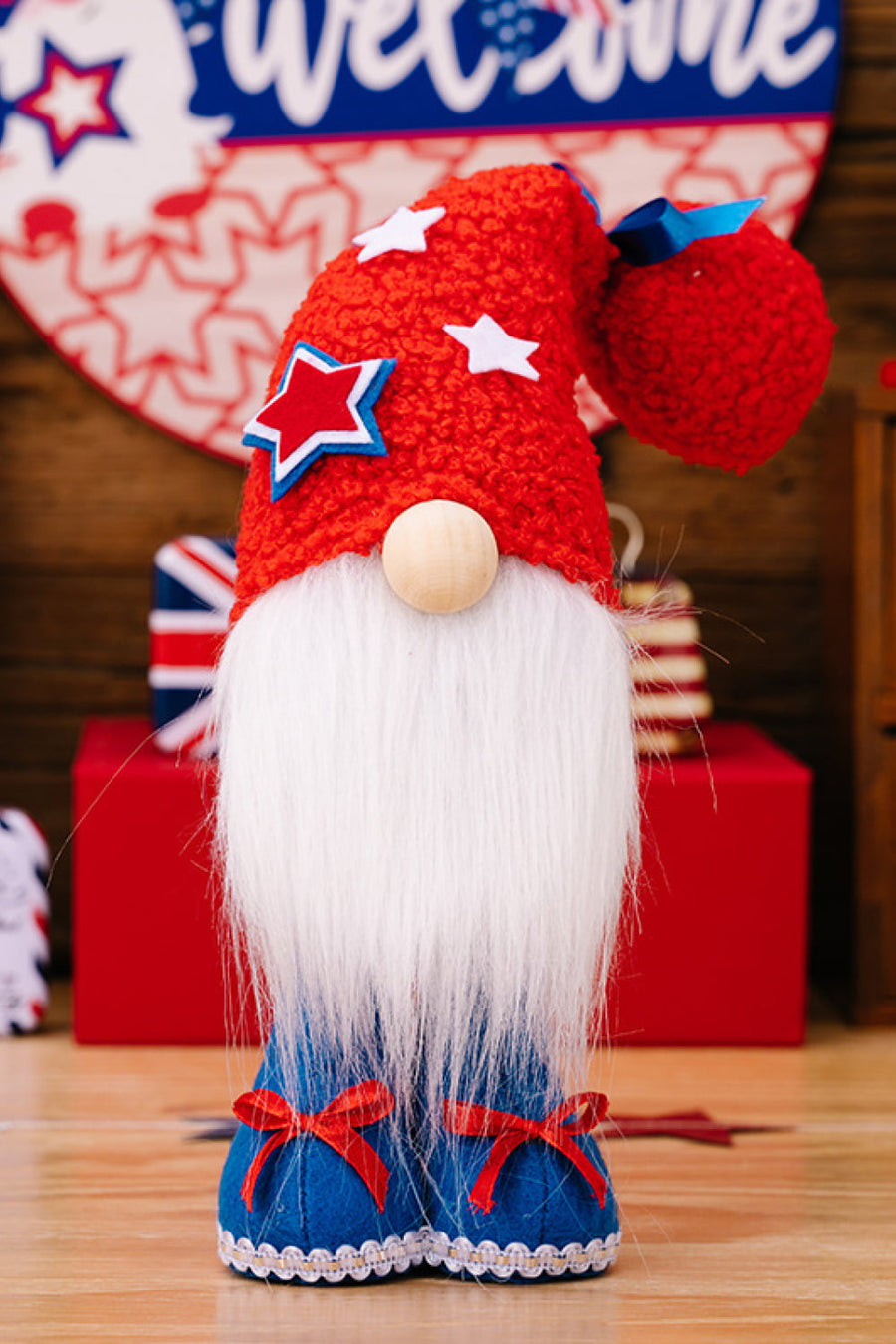 Stars & Stripes Gnome Duo with red hat, white beard, and blue boots with red bows.