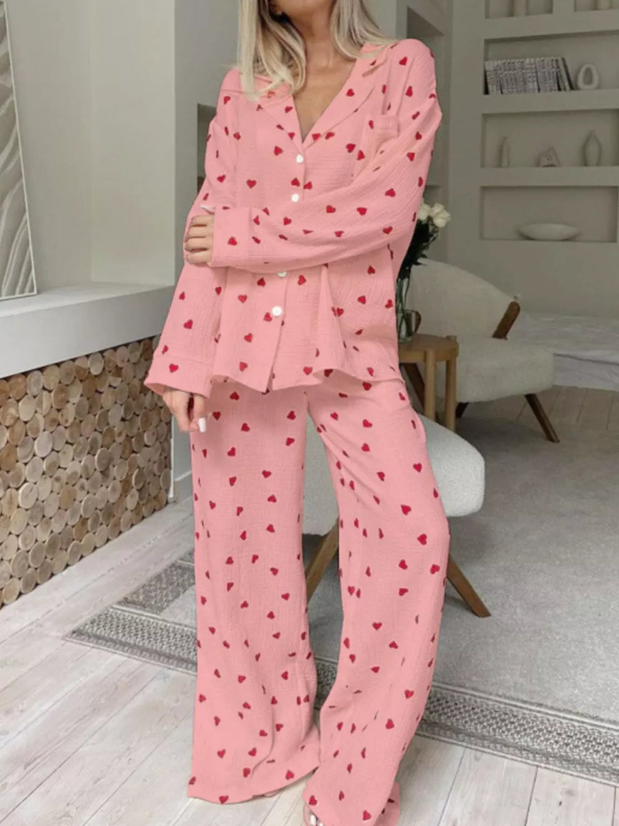 Heart Print Long Sleeve Top And Pants Lounge Set in Pink