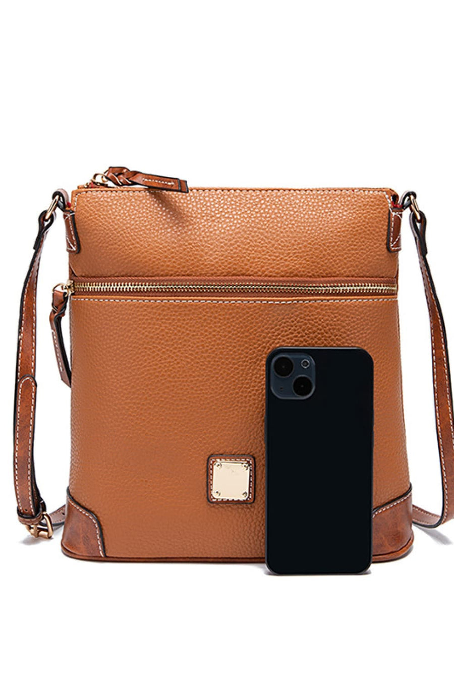 Pebbled leather crossbody bag in Coffee Brown with contrast stitching and gold-tone hardware.