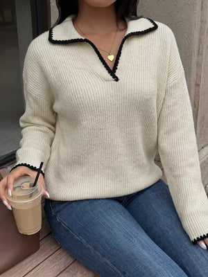classic pullover sweater in cream with collared