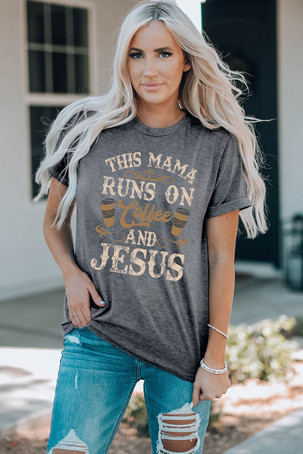 Mid Gray graphic tee with Coffee, Jesus, Mama text and coffee cups.