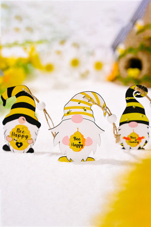 Bee gnome ornaments in yellow and black with bee designs and "Bee Happy" text.