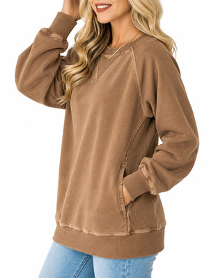sweatshirt in Dark Brown with ribbed and hip-length