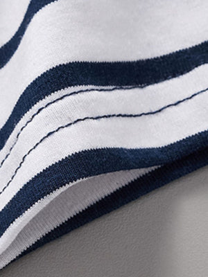 Toddler t-shirt with navy and white stripes, crew neck, cotton fabric.