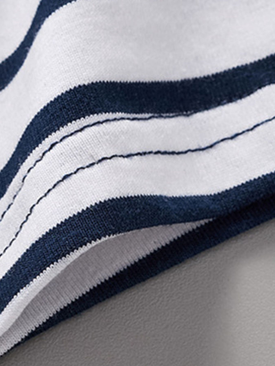 Toddler t-shirt with navy and white stripes, crew neck, cotton fabric.