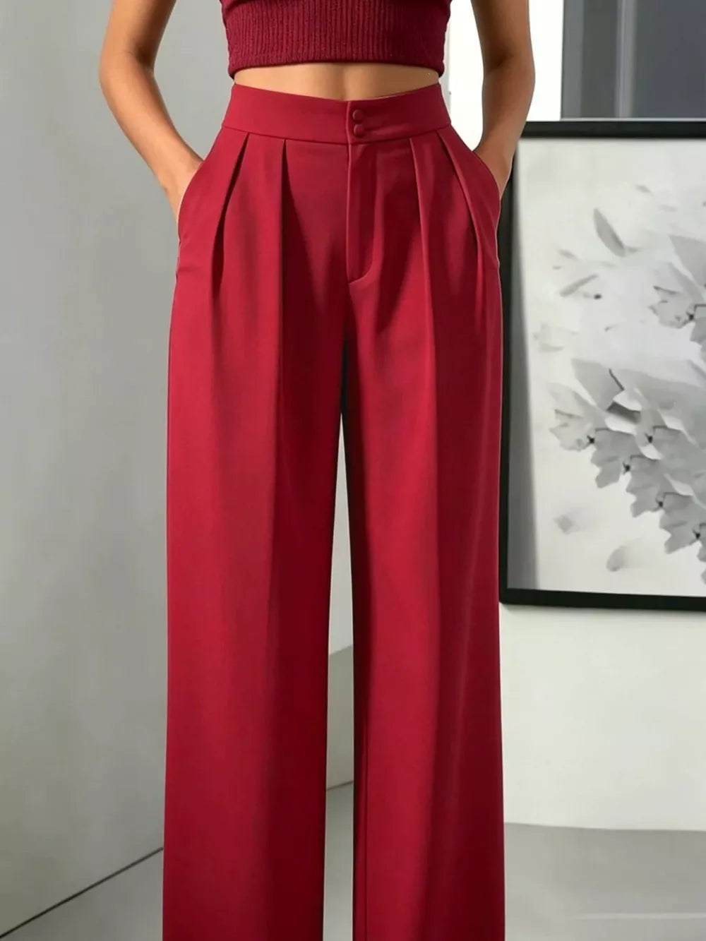 cream wide-leg pants with full-length and button