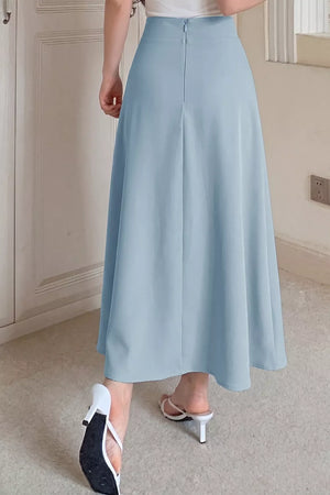 Light blue a-line midi skirt with a zipper closure and subtle pleating.