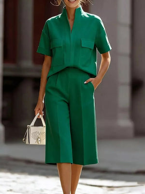 Dark Green two-piece set with pocketed top and wide-leg pants.