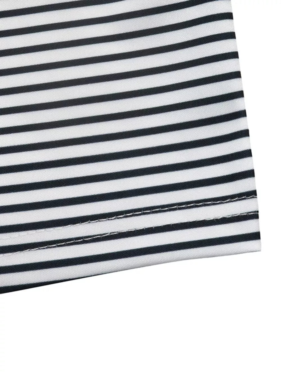 Black and white striped crew neck t-shirt with stitched hem detail