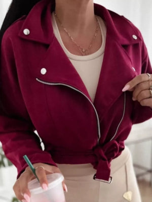 White Cropped Biker Jacket With Belt Detail