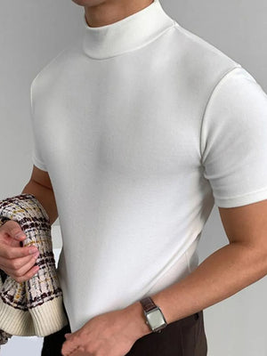 White short sleeve mock neck tee with a fitted silhouette.