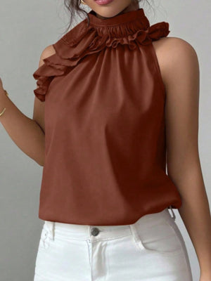 Brown ruffled high neck sleeveless top with a casual cut.