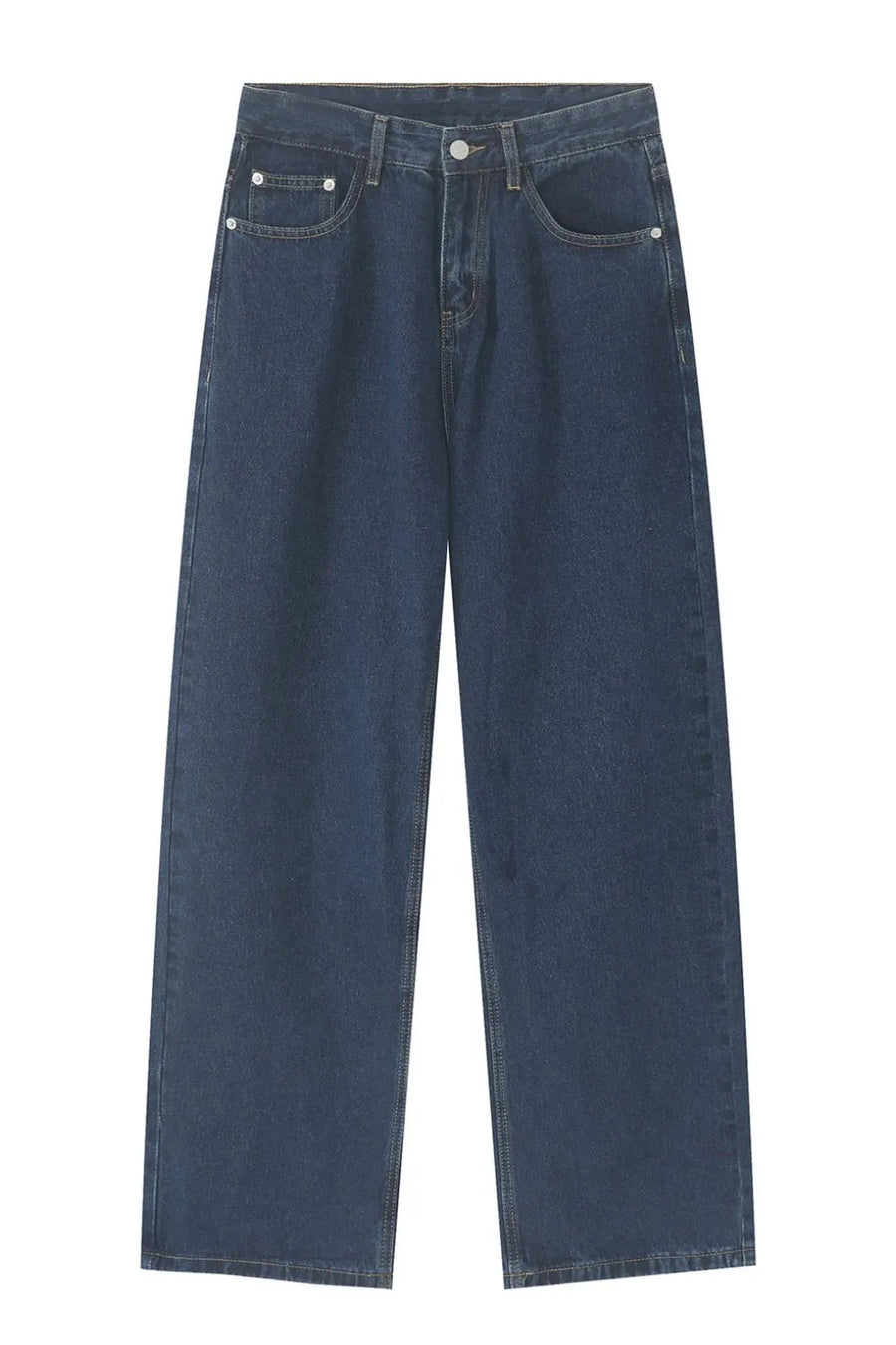 Baggy dark wash denim jeans with a subtle flare and classic five-pocket styling.