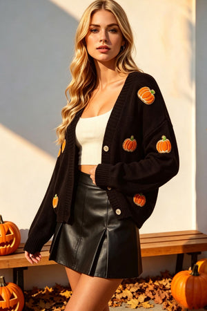 Black v-neck cardigan with pumpkin embroidery and long sleeves