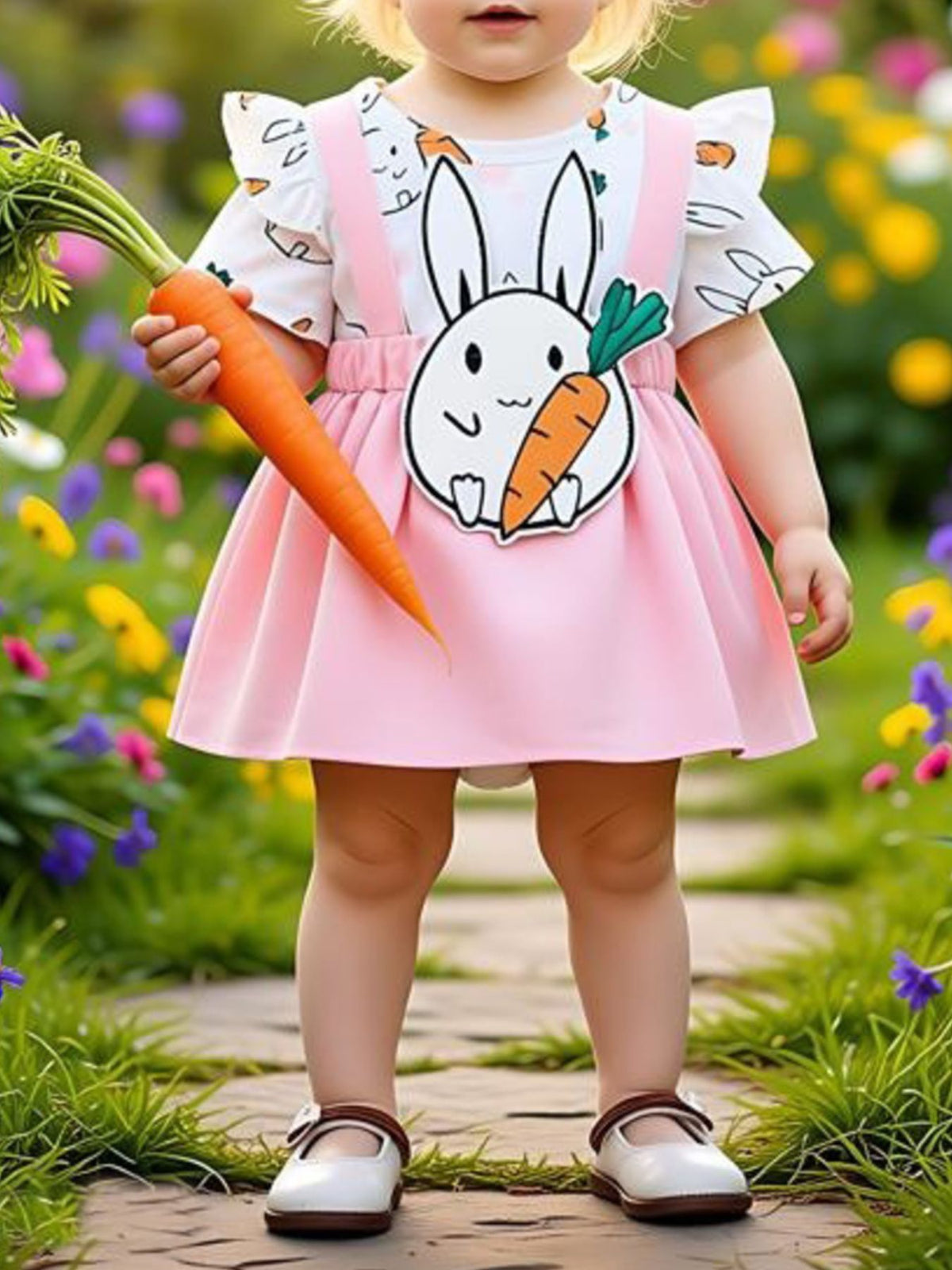 Baby dress with pink bubblegum skirt and bunny applique, white top with bunny print.