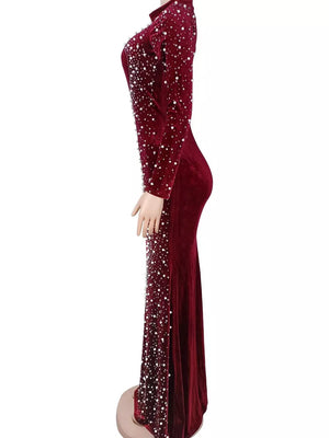 Rhinestone Embellished Velvet Mermaid Maxi Dress in black with rhinestone
