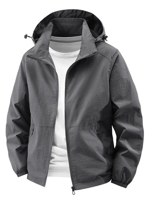 Grey hooded windbreaker jacket with zip front and pockets