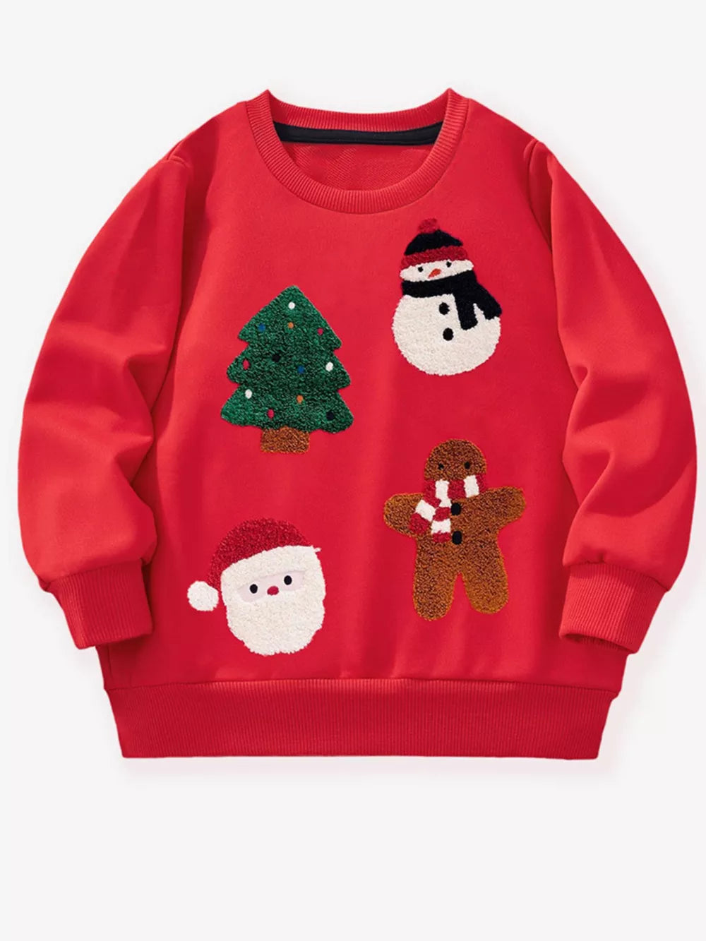 Red kids' sweatshirt with Christmas character appliques: Santa, snowman, gingerbread man, and tree.