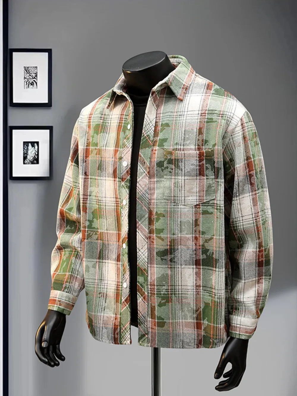 Heritage Plaid Long Sleeve Button-up Shirt in green and brown plaid with a camouflage overlay.