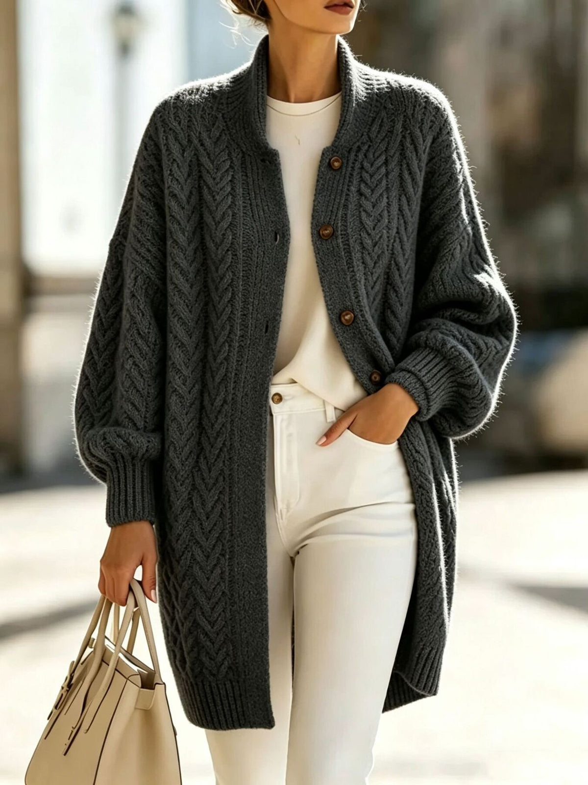 Dark Gray relaxed cardigan with collared