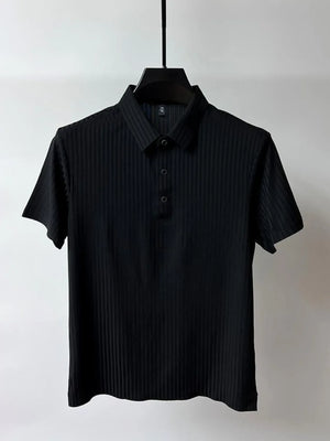 Black ribbed polo shirt with short sleeves and buttoned placket.