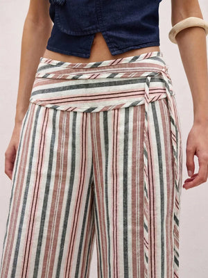 Striped Wide-leg Pants With Tie Waist in Light Green