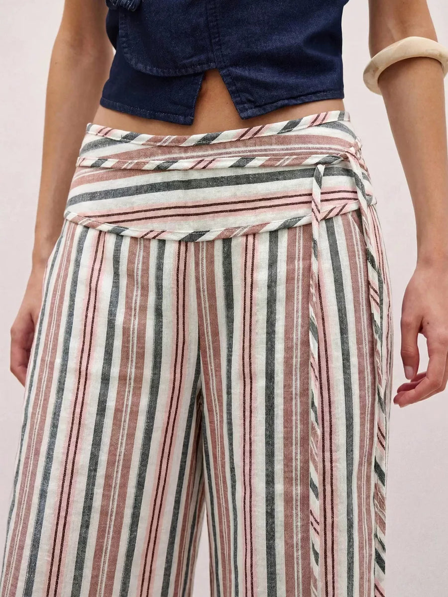 Striped Wide-leg Pants With Tie Waist in Light Green
