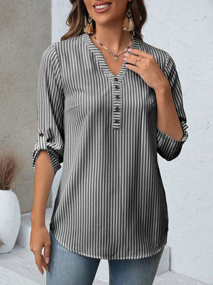 Vertical stripe v-neck blouse with roll-up sleeves and button detail