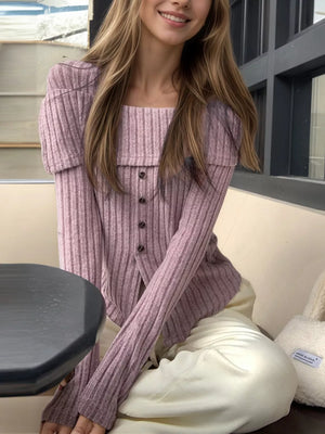 Ribbed Square Neck Long Sleeve Crop Top in Lilac