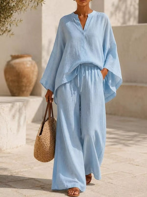 Dark Gray Notched Long Sleeve Top And Wide-leg Pants Set