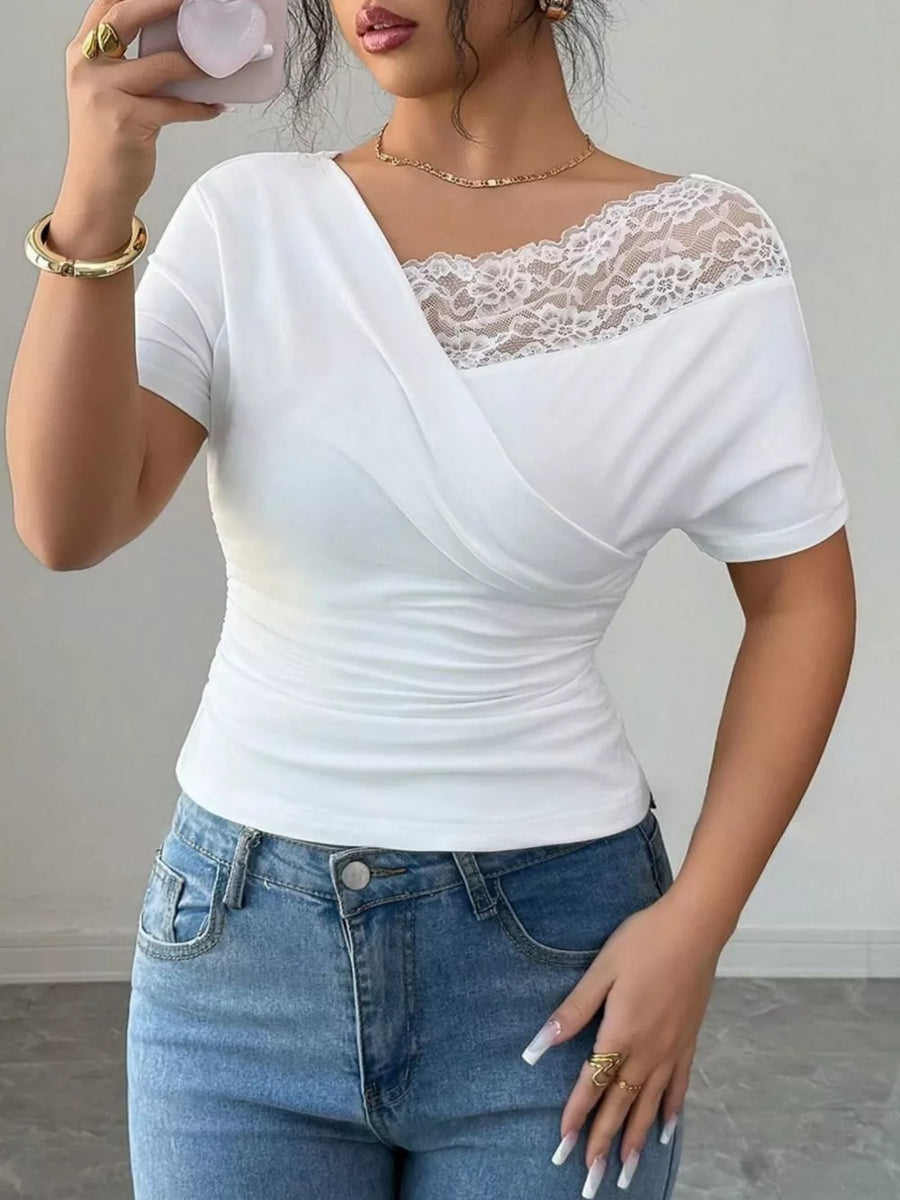 White with Elegant Lace Trim Asymmetrical Top