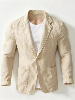 Khaki long sleeve sport jacket with two front pockets and a chest pocket, worn over a white t-shirt.