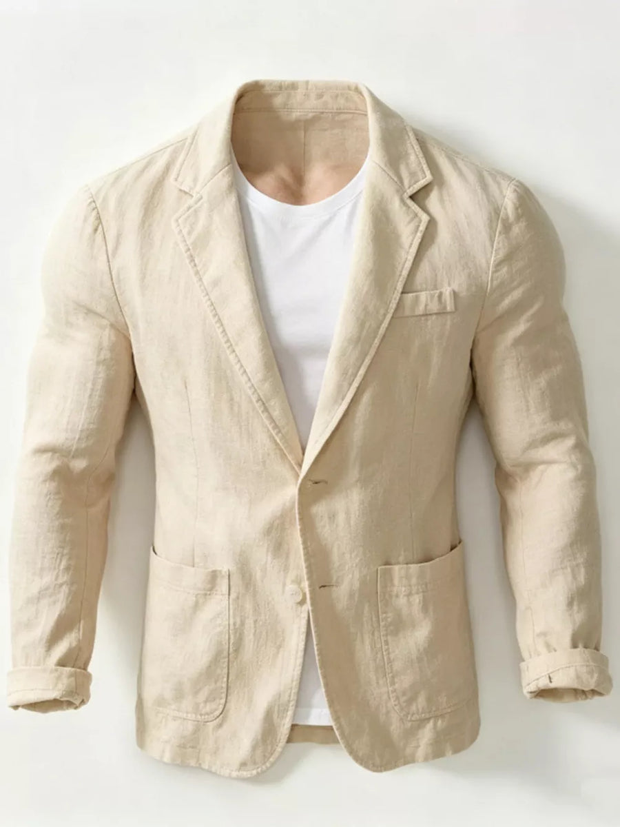 Khaki long sleeve sport jacket with two front pockets and a chest pocket, worn over a white t-shirt.